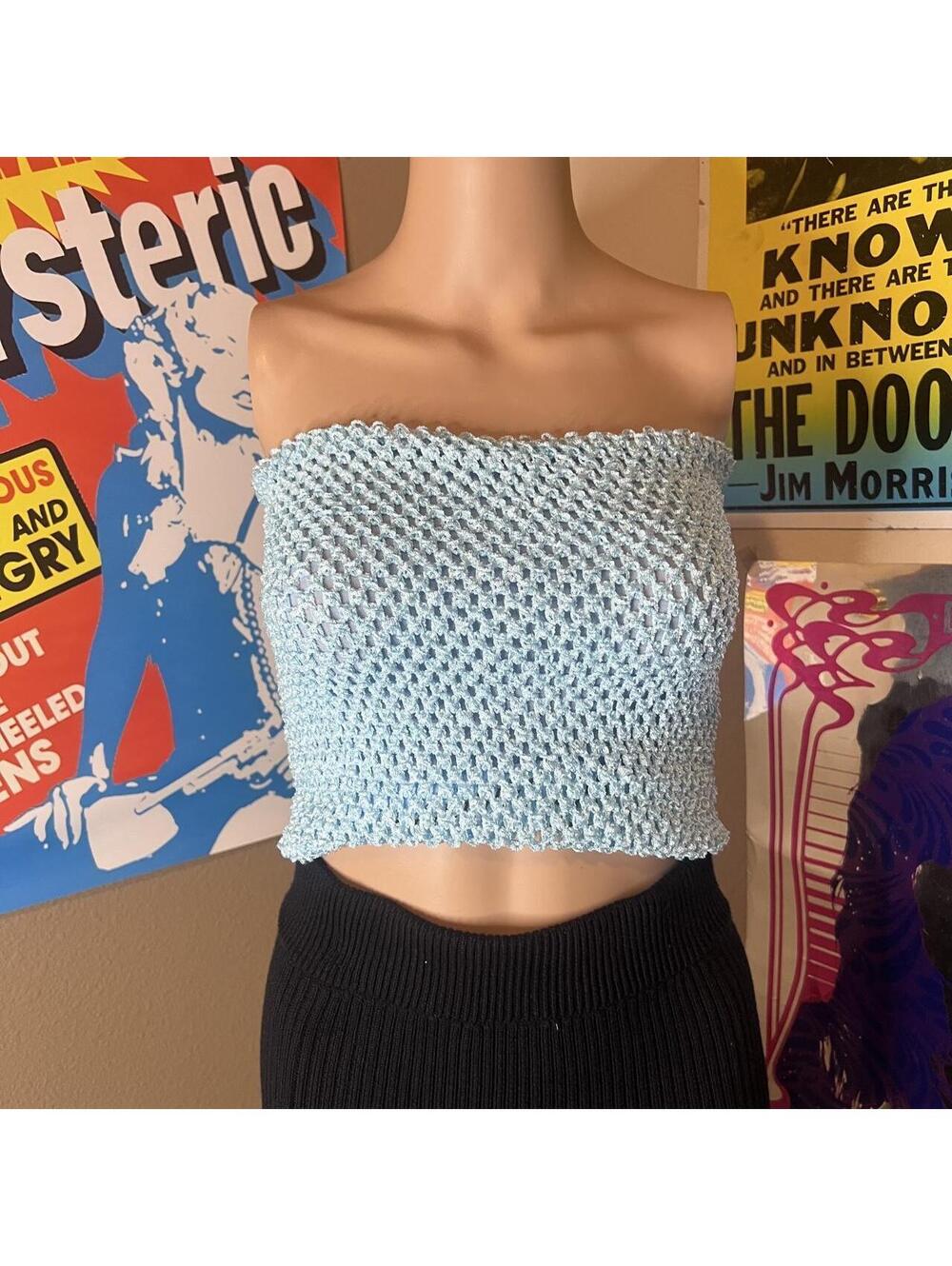 Handmade Baby Blue Crochet Knit Strapless Tube Top